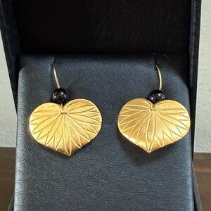 Vintage Lotus Leaf Brushed Gold Tone and Black Bead Earrings